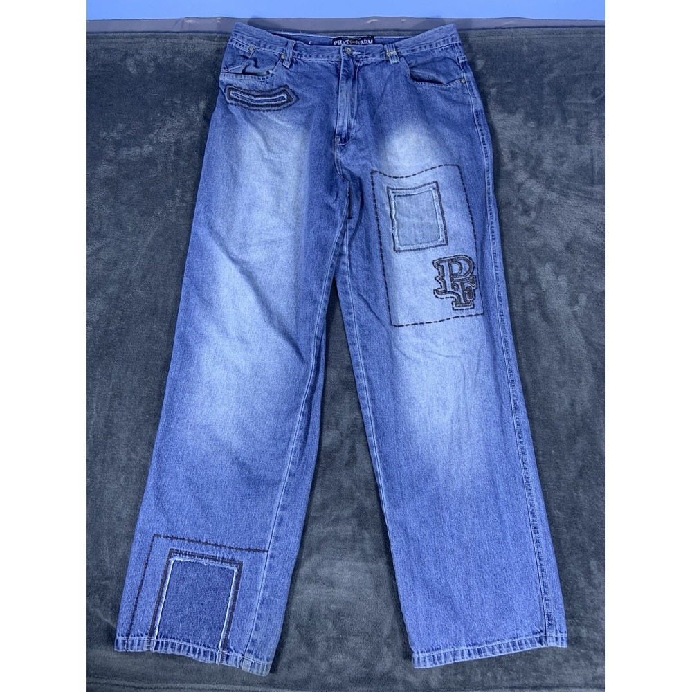 Y2K Phat Parm Jeans Embroidery Panel Graphic 34x30.5 Vintage Skater Baggy 00's
